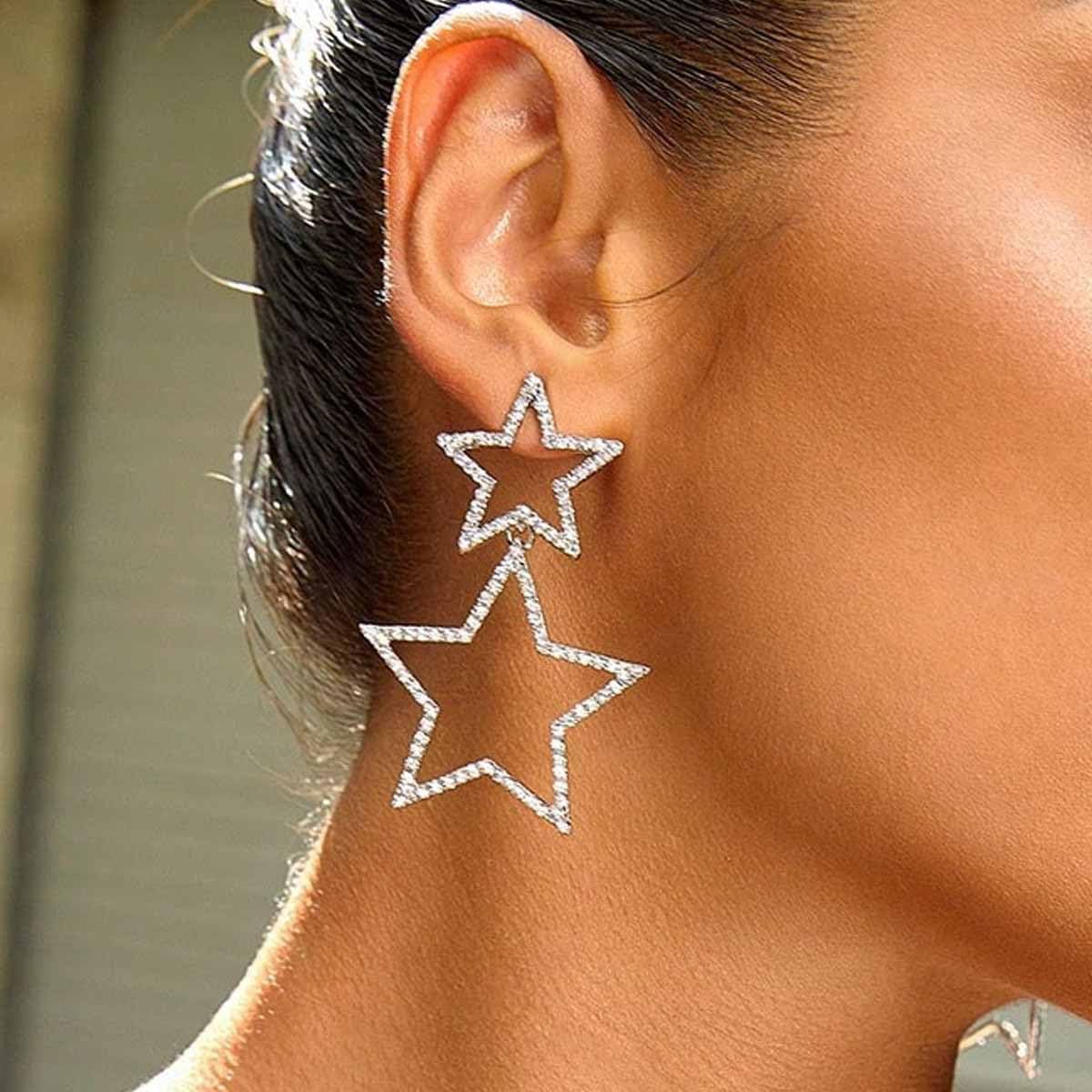 Sparkling Silver Star Dangle Earrings for Women - Iridescent Rhinestone Star Jewelry with Big Sparkle | Perfect for Parties, Date Nights & Special Occasions