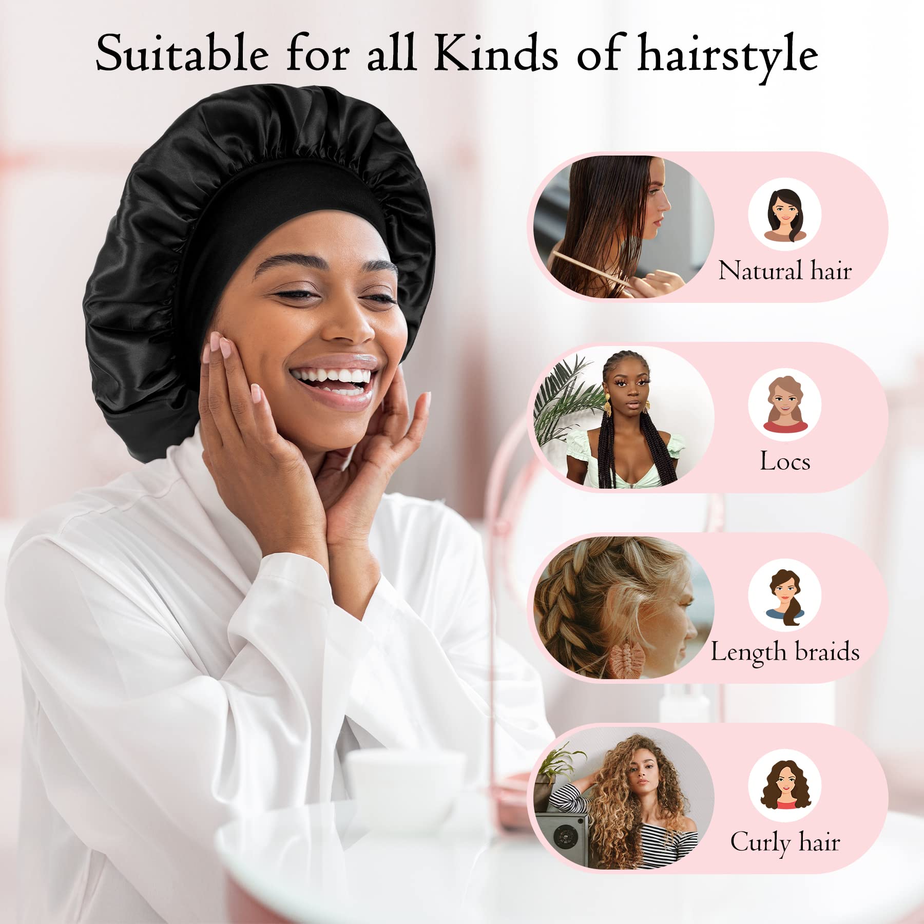 Silk Sleep Bonnet for Women - 4 Pack Satin Hair Bonnet for Natural Hair Protection - Soft & Breathable Night Cap for Curly, Afro, Braided Hair - Perfect for Sleeping, Travel & Home Hair Care