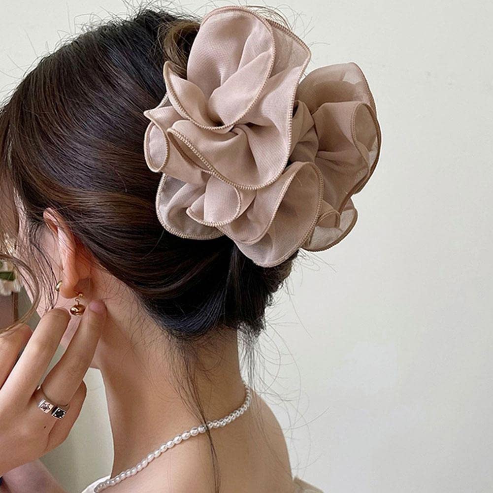 Elegant Black Chiffon Claw Clip Hair Bow with Fabric Ribbon & Silk Flower - Perfect for Parties, Weddings & Everyday Hairstyles