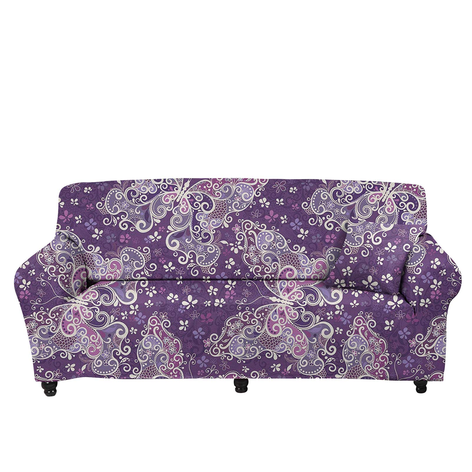 PZZ BEACH High Stretch Sofa Cover - Durable Living Room Furniture Protector for Couch & Sofa, Lace Butterfly Purple Printed Slipcover | Perfect for Home Decor, Pet Protection & Daily Use