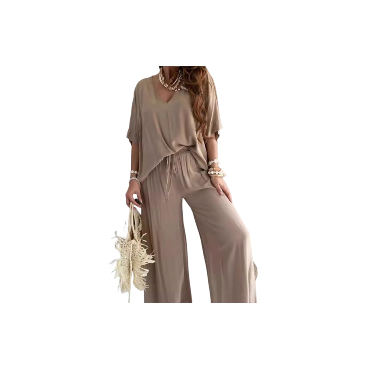 Women's Casual Loose Solid Color Suit Set - Comfortable V-Neck Lounge Pants Outfit for Home, Travel & Relaxation | Two-Piece Womens Loungewear