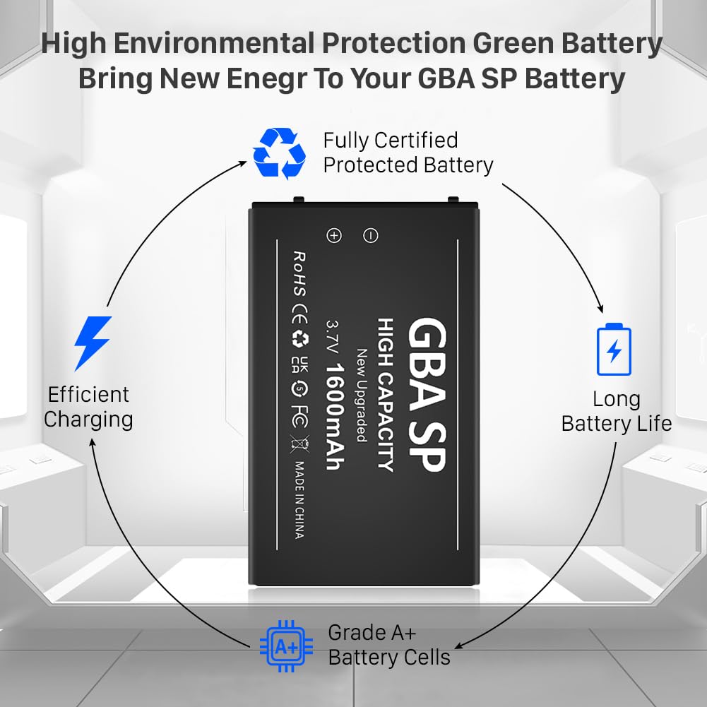 Upgraded 1600mAh Rechargeable Lithium-ion Battery Pack for Gameboy Advance SP (GBA SP) - Replacement Battery for AGS-001 & SAM-003 Models with Tool Kit - Perfect for Gaming On-The-Go & Retro Console Enthusiasts