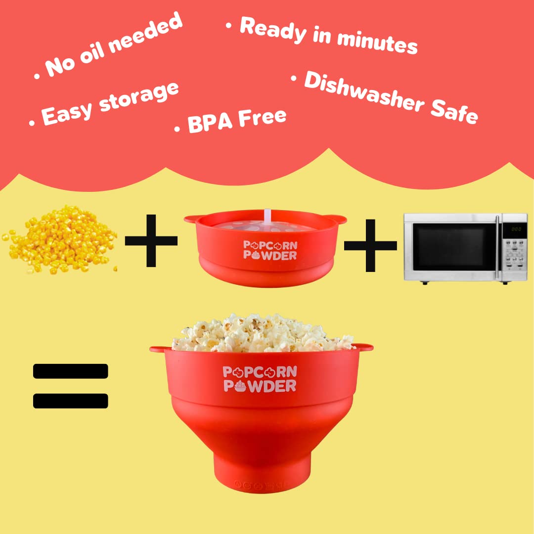 Collapsible Microwave Popcorn Popper with Popcorn Powder - Red | Easy Homemade Popcorn Maker for Movie Nights & Snack Time