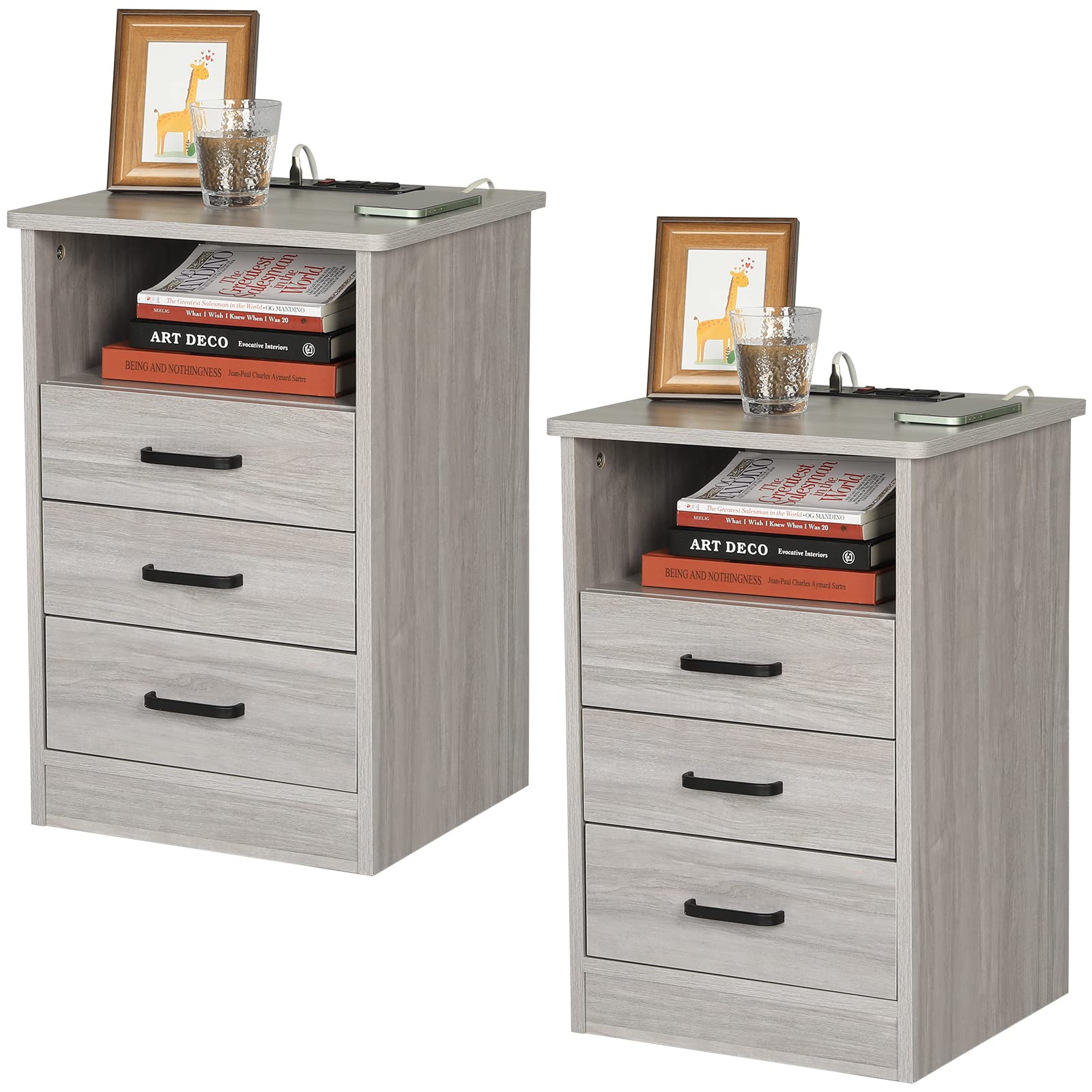 ADORNEVE Nightstand Set of 2 - Gray Bedside Tables with Charging Station, 2 Drawers & USB Ports for Bedroom, Living Room - Perfect for Storing Books, Charging Devices & Bedroom Organization