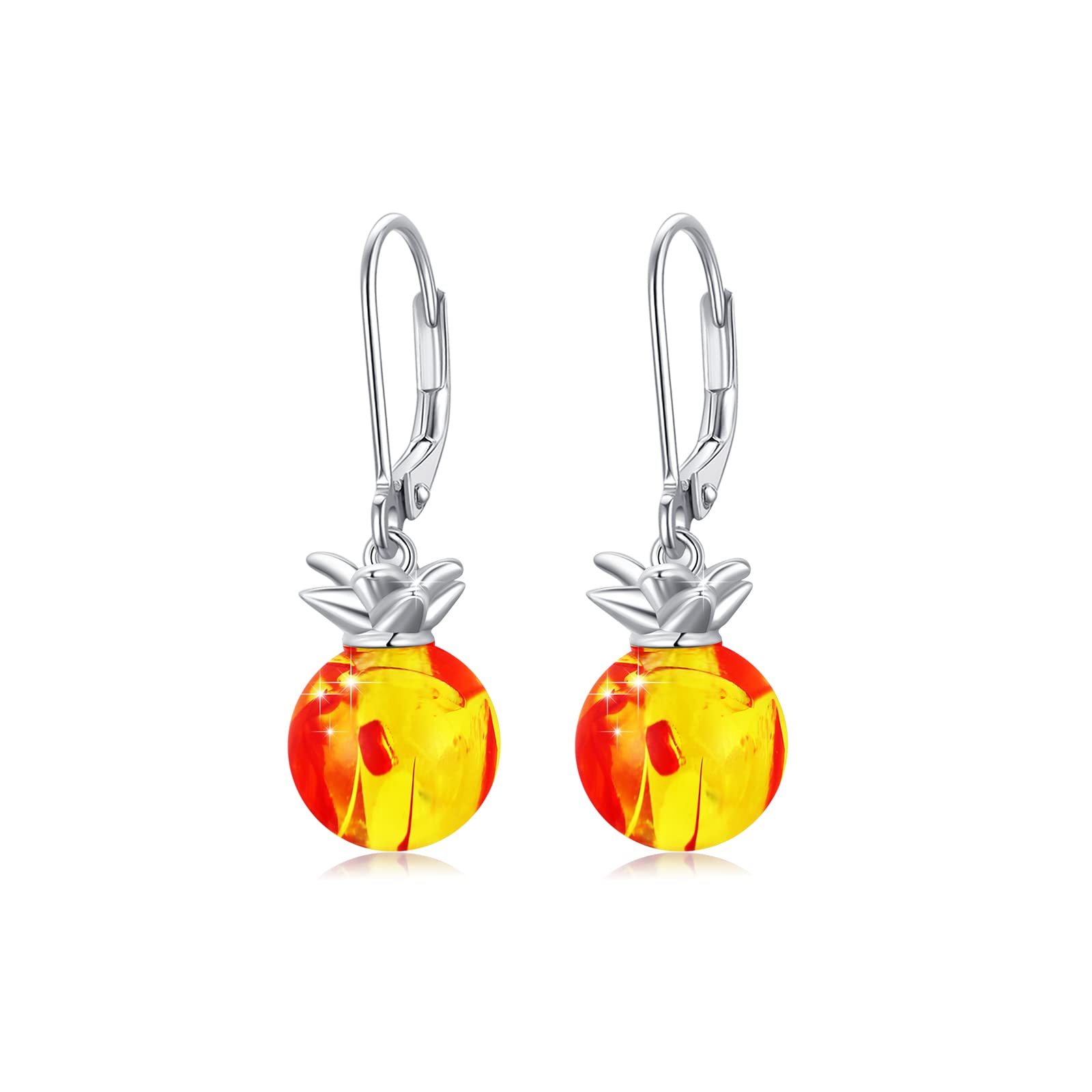 925 Sterling Silver Pineapple Dangle Earrings for Women | Hypoallergenic Summer Beach Jewelry | Amber Fruit Fashion Earrings | Perfect Gift for Vacation, Pool Party & Tropical Outfits