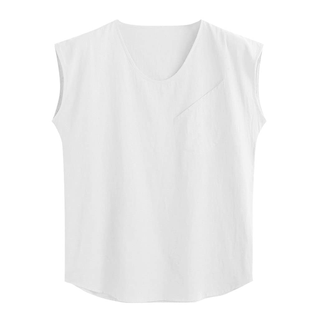 HTKLCZ Men's Summer Tank Tops - Breathable Cotton Linen Blend, Loose Fit Sleeveless Shirt with Pocket, Casual O-Neck Vest for Outdoor Activities, Beach Wear & Gym (White, Size M)