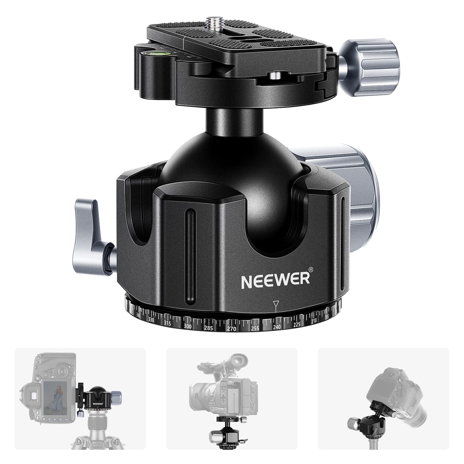 Neewer 44mm All Metal Low Profile DSLR Tripod Ball Head with Quick Release Plate - Heavy Duty 55lb Load for DSLR Cameras, Camcorders, Monopods - Perfect for Travel Photography, Vlogging & Studio Shoots