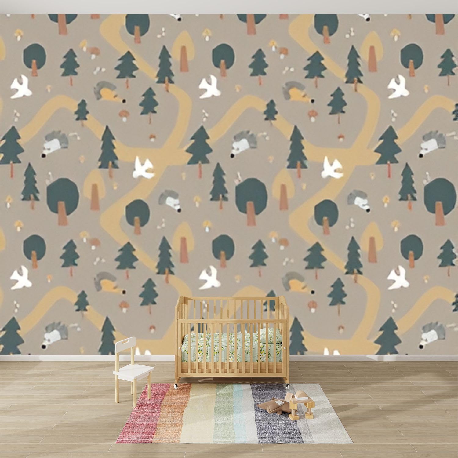 3D Modern Scandinavian Forest Animals Wall Mural - Peel and Stick Removable Self-Adhesive Wallpaper with Birds, Mushrooms & Hedgehogs for Living Room, Kids Bedroom Decor - Nursery, Playroom, Dorm Wall Stickers