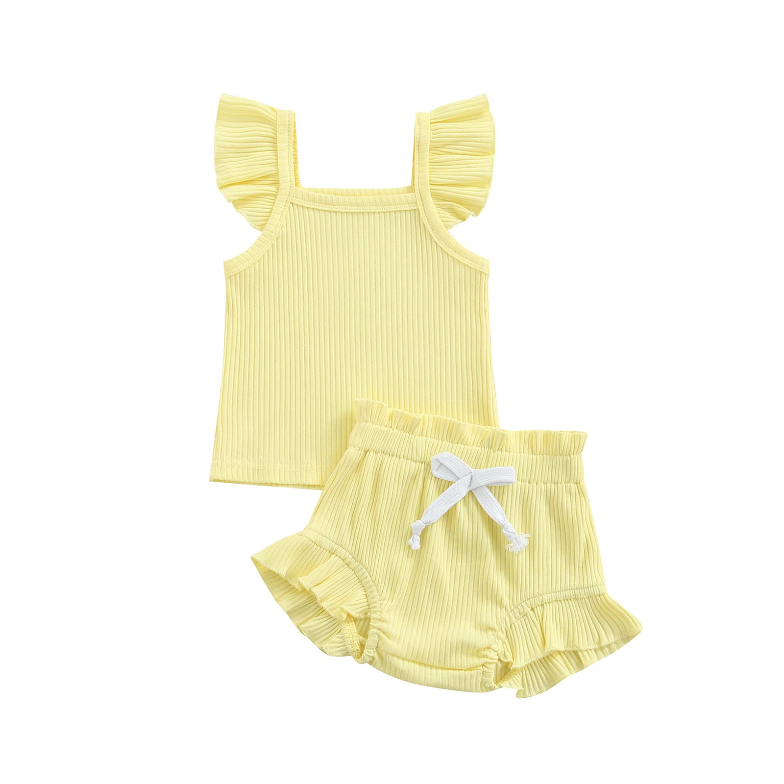 Newborn Baby Girl & Boy Summer Outfits - Ruffle Sleeveless Ribbed Knit/Waffle Solid Color T-Shirt Top + Bloomers Set | Cute Casual Wear for Infants, Photo Shoots & Playtime