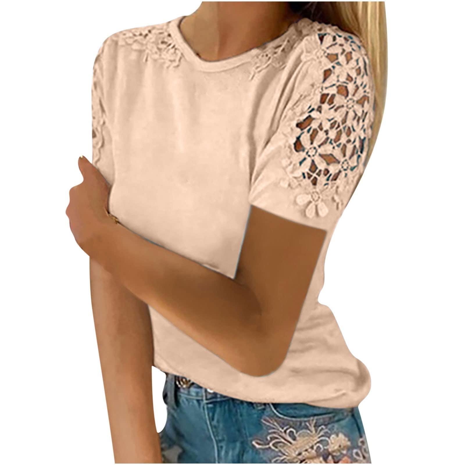 Women's Crochet Lace Short Sleeve T-Shirt - Casual Summer Loose Fit Basic Tee - Trendy Solid Color Top for Outfits - Perfect for Beach, Vacation & Everyday Wear
