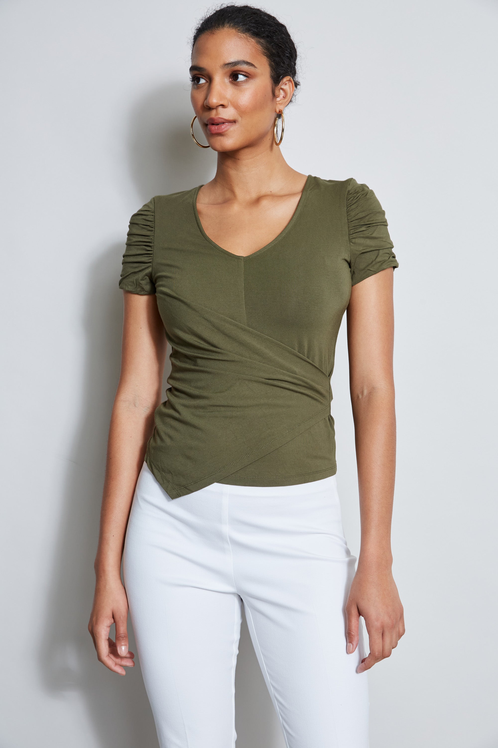 Stylish Ruched Sleeve V Neck Knit Top for Women - Comfortable Stretch Fabric for Casual Wear, Office Outfits & Date Nights