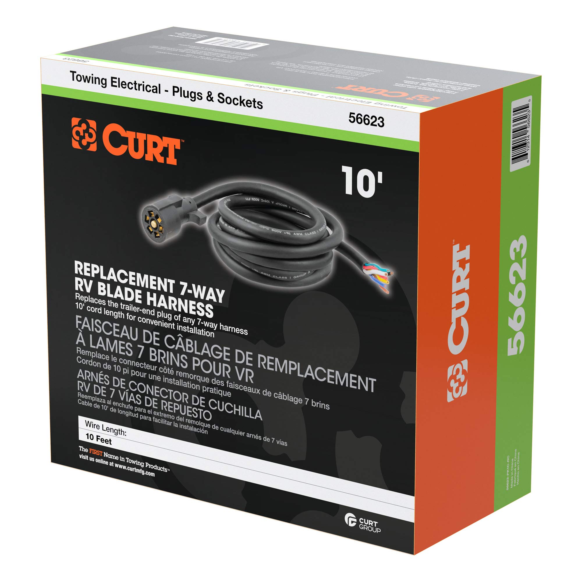 CURT 56623 7-Pin RV Blade Trailer Wiring Harness Plug Replacement - 10-Foot Blunt-Cut Wires with Box | Heavy-Duty Towing Connector for Travel Trailers, Campers & Boat Trailers