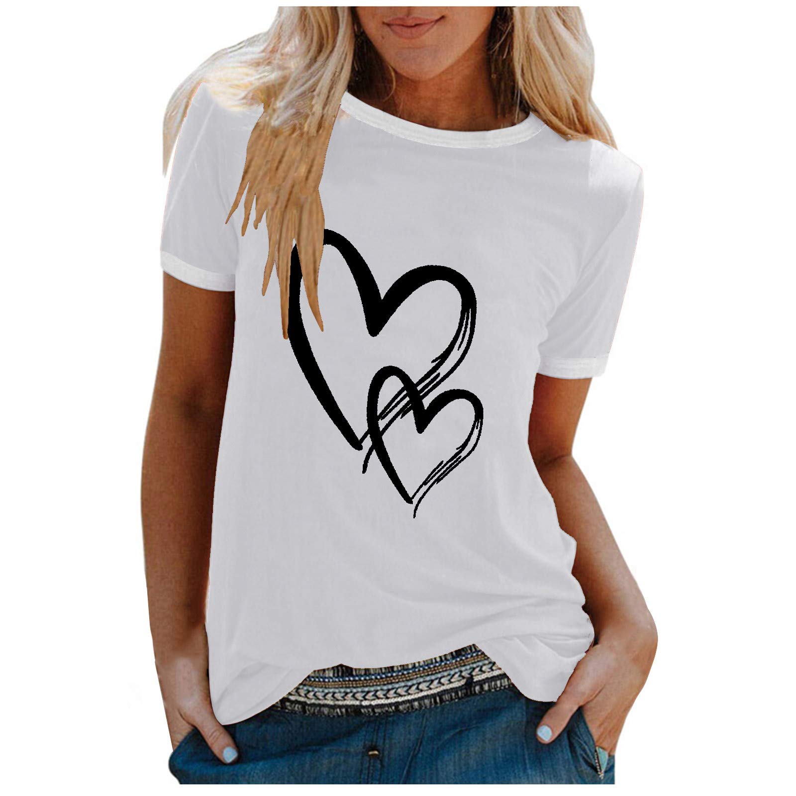 Women's White Hearts Print Short Sleeve T-Shirt - Summer Graphic Tee with Color Block Crewneck Design | Casual Wear, Beach Outfits & Street Style Fashion