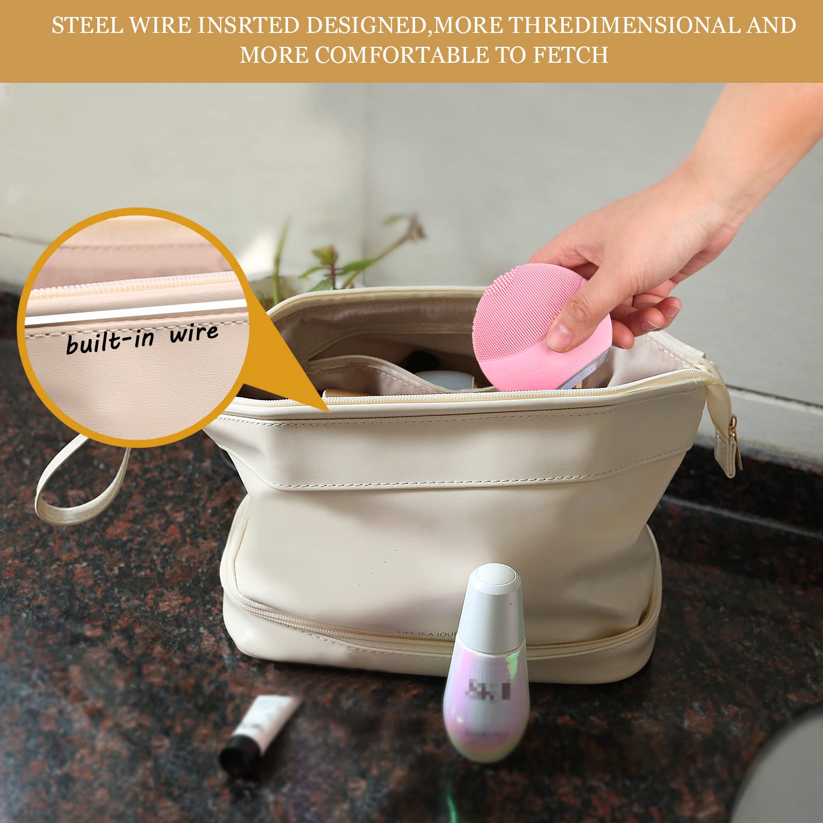 **Abiudeng Large Waterproof Makeup Bag for Women - Travel Cosmetic Organizer with Bottom Pouch, Cute Toiletry Bag for Makeup Essentials | Perfect for Travel, Gym & Daily Use**