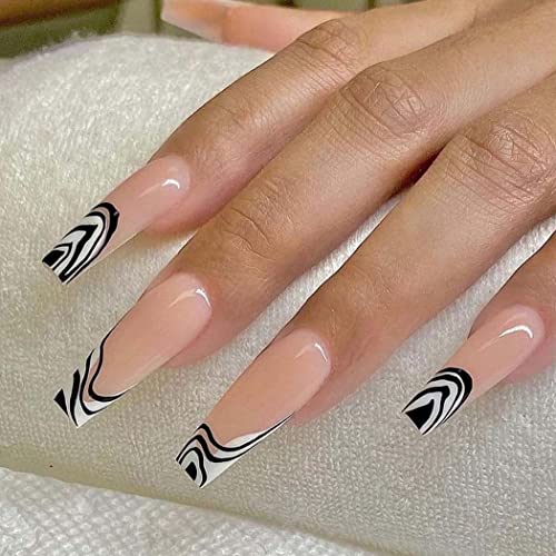 Aksod 24Pcs Super Long Coffin Press on Nails - Glossy Pink Fake Nails with Abstract Line French Design, Ballerina Style Full Cover Artificial Nails for Women & Girls | Perfect for Parties, Weddings, Date Nights & Special Occasions