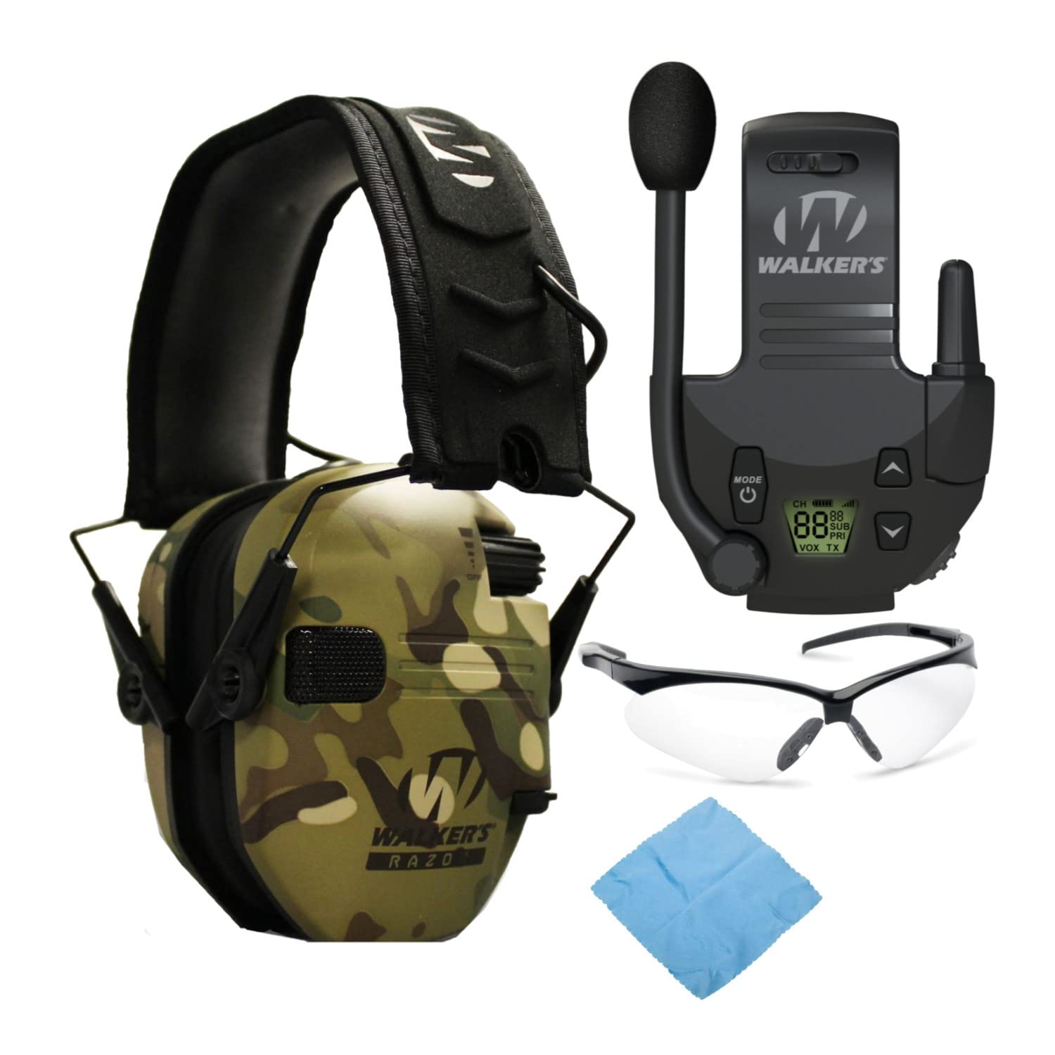 Walker's Razor Slim Electronic Shooting Earmuffs - Noise Cancelling Hearing Protection with Walkie Talkie & Safety Glasses Bundle for Hunting, Range Shooting & Outdoor Activities