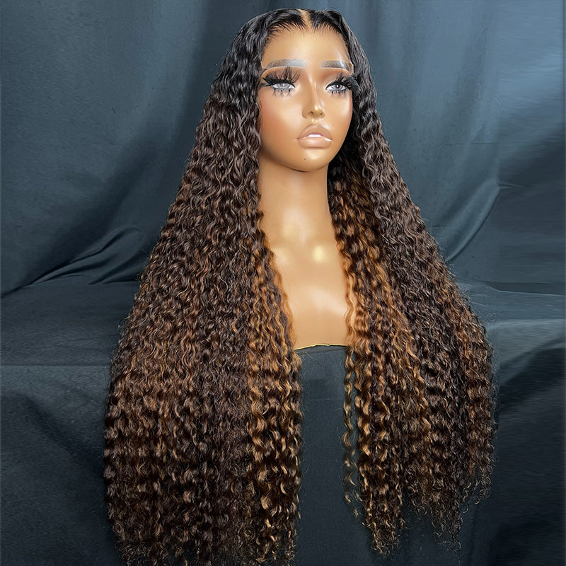 Eullair Brown with Honey Blonde Highlights Human Hair Wig - Glueless Kinky Curly Lace Frontal Wigs for Women | Perfect for Daily Wear, Parties & Special Occasions