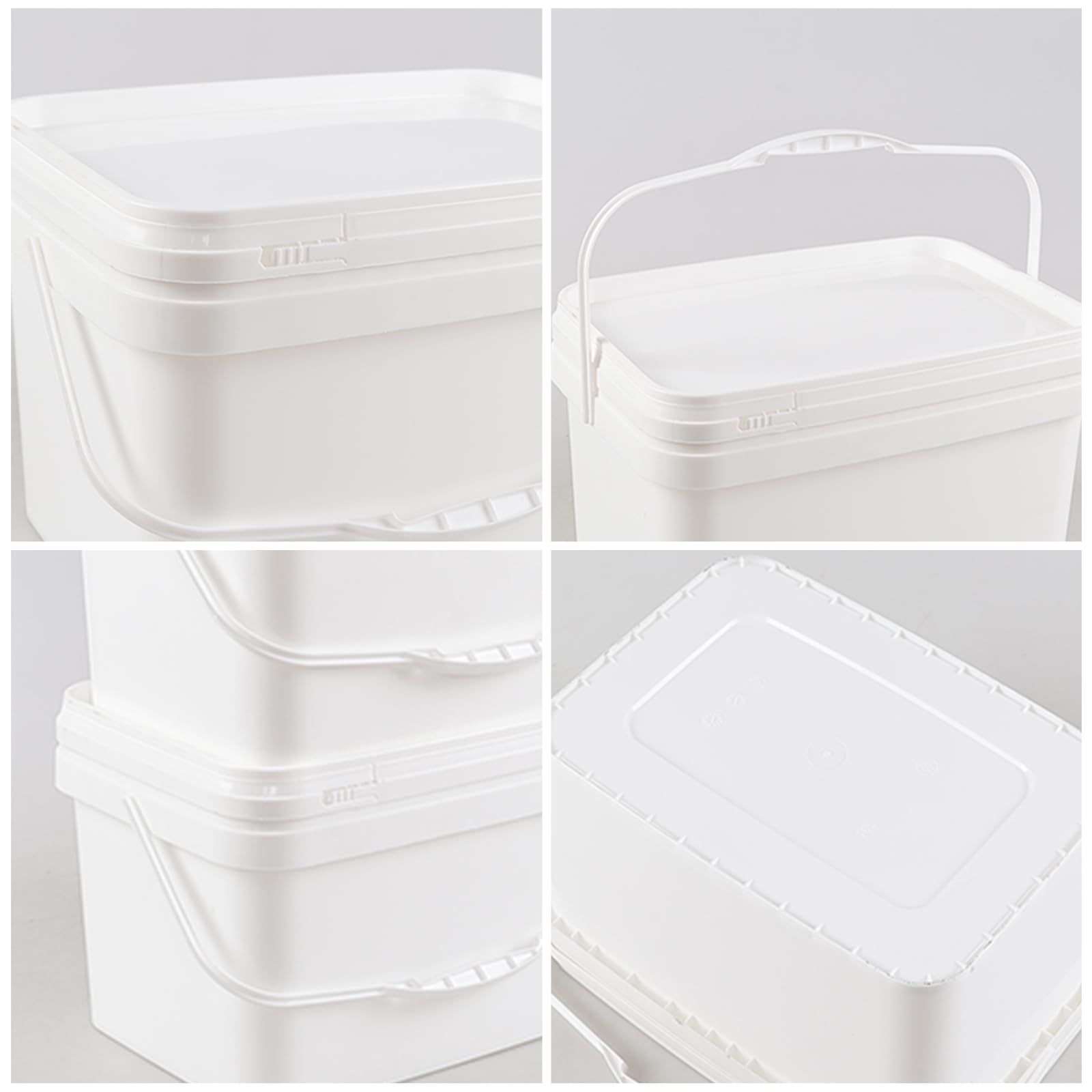 3 Gallon White Plastic Square Bucket with Lid - Food Grade Storage Containers (4-Pack) | Durable Rectangular Utility Pails with Handles for Kitchen, Restaurant, and Commercial Use