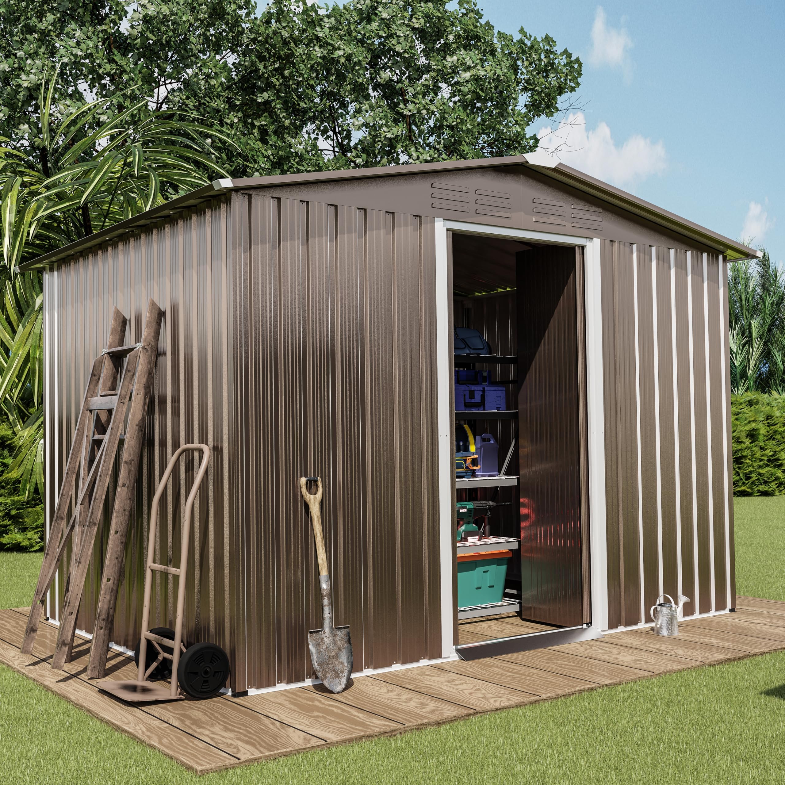 8FT x 6FT Outdoor Metal Storage Shed - Waterproof & Lockable with Sliding Door & Ventilation - Heavy Duty Garden Tool Storage for Lawn Equipment, Yard Supplies & Gardening Tools - Perfect for Backyard, Patio & Home Organization