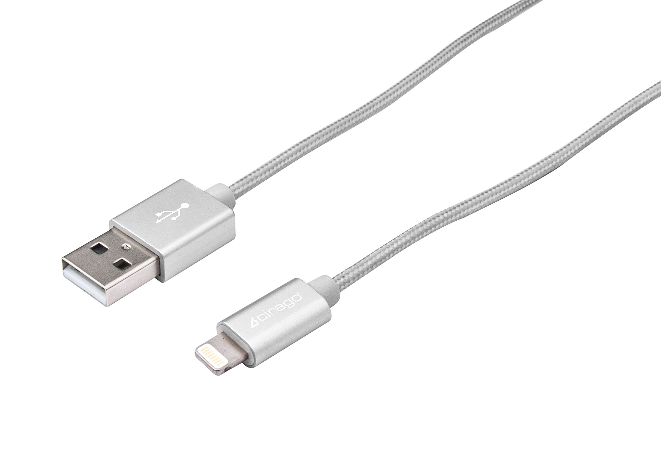Premium Cirago Lightning Braided Cable - 3ft Silver MFi Certified Charging Cord for iPhone 14/13/12/11/X/8/7 - Fast Charging & Durable Nylon for Home, Office & Travel