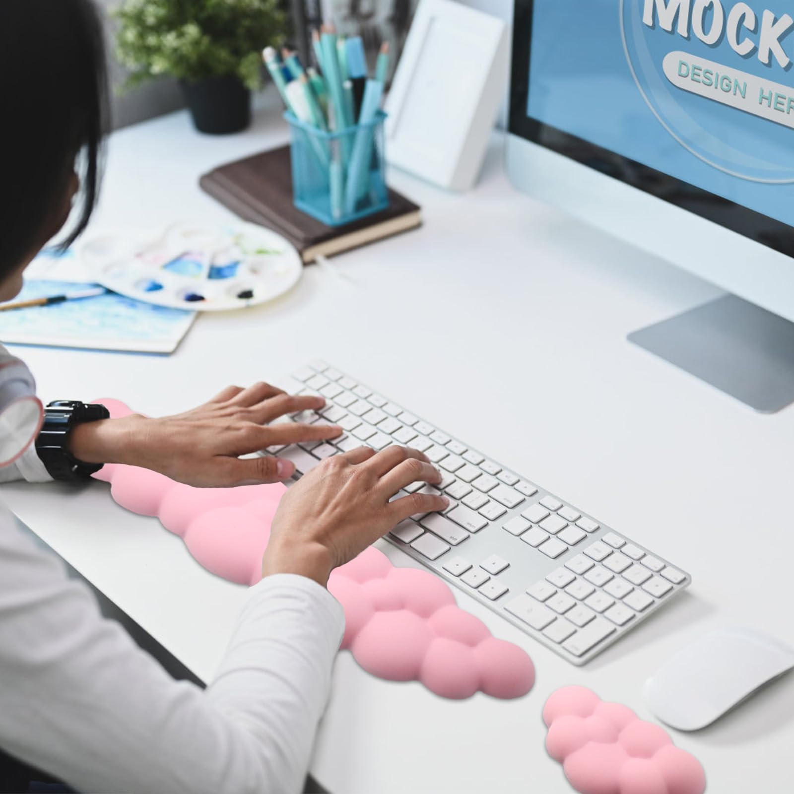 Ergonomic Keyboard Wrist Rest - PU Leather Memory Foam Cloud Wrist Pad for Pain Relief, Gaming, Office, Laptop, and Typing - Pastel Pink for Enhanced Comfort and Productivity