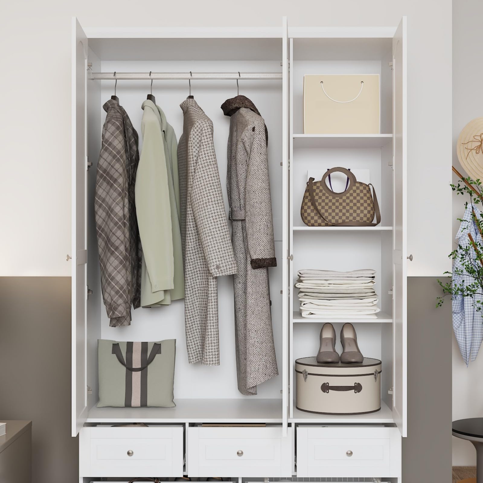 MOUMON White 3 Door Wardrobe Closet with Mirror, 5 Drawers, Hanging Rod & 4 Tier Shelves - Bedroom Storage Cabinet (47.8”W x 19.7”D x 78.7”H) for Clothes, Shoes & Accessories Organization