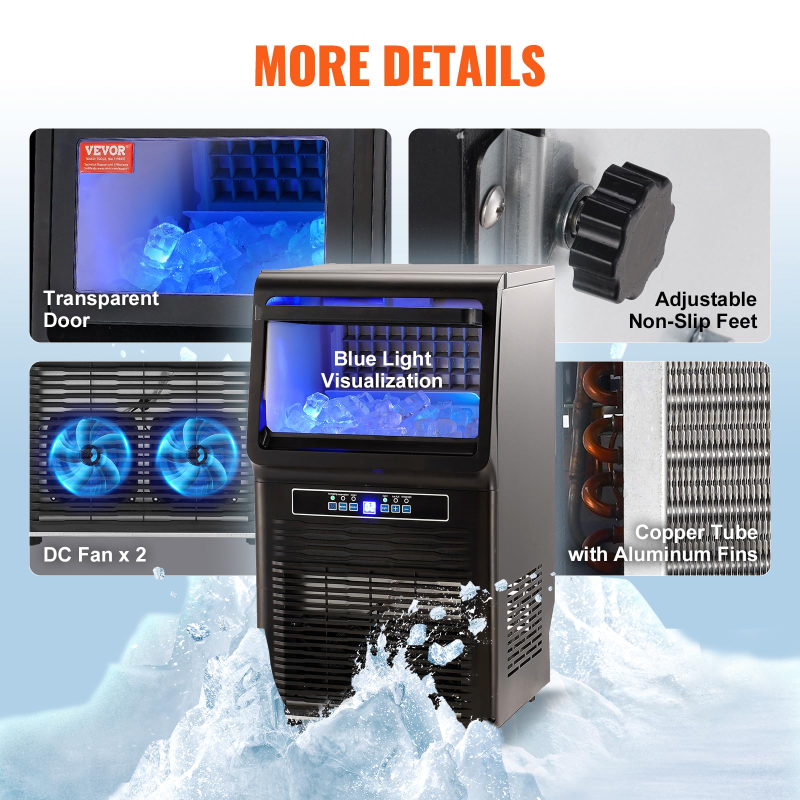 VEVOR Commercial Ice Maker Machine 70lbs/24H, Under Counter Ice Machine with 12lbs Storage - Makes 36 Ice Cubes in 12-15 Minutes for Home Bar, Office, Restaurant & Party Use