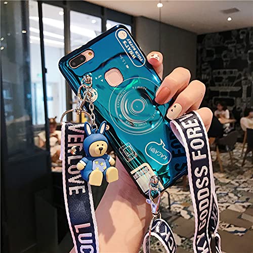 **Cute 3D Bear Doll Camera Crossbody Phone Case for Samsung Galaxy A71 4G – Soft Silicone Shockproof Protective Glitter Cover with Kickstand & Lanyard Strap (Blue Bear) – Perfect for Travel, Selfies & Everyday Use**