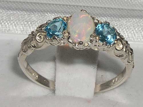 14K White Gold Genuine Opal & Blue Topaz Women's Band Ring - Elegant Stackable Jewelry for Everyday Wear & Special Occasions