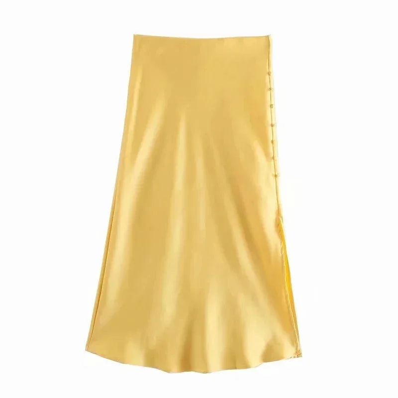 Foridol Women's High Waist Button Slit Midi Satin Skirt - Elegant A-Line Silk Skirt for Office & Autumn Wear | Perfect for Work, Date Night & Special Occasions