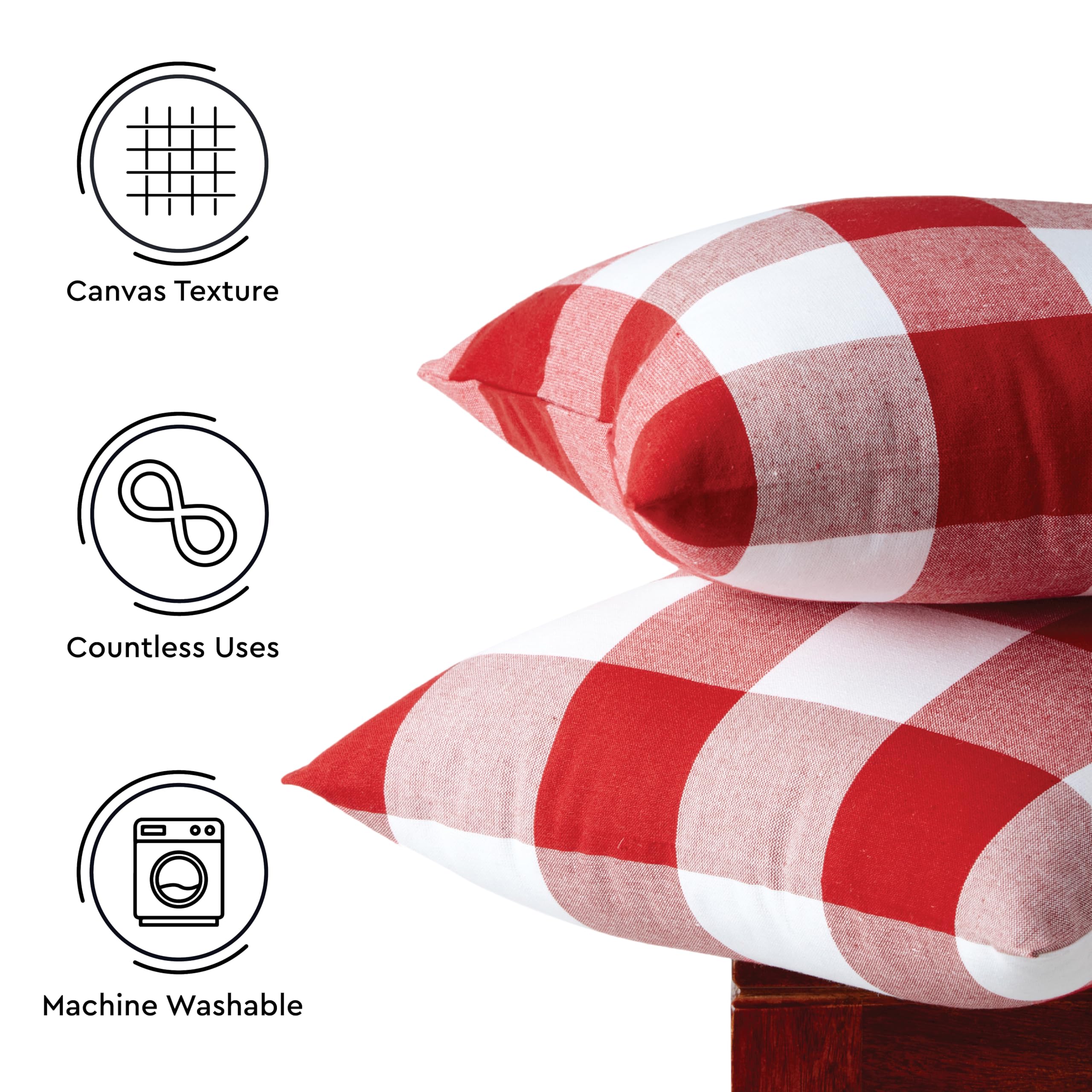Encasa XO Farmhouse Throw Pillow Covers Set of 2 - 18x18 Inch Buffalo Check Red Plaid Cushion Covers | No Insert | Decorative Square Pillow Cases for Sofa, Living Room, Bedroom | Cozy Farmhouse Style Home Decor for Fall & Winter Seasons