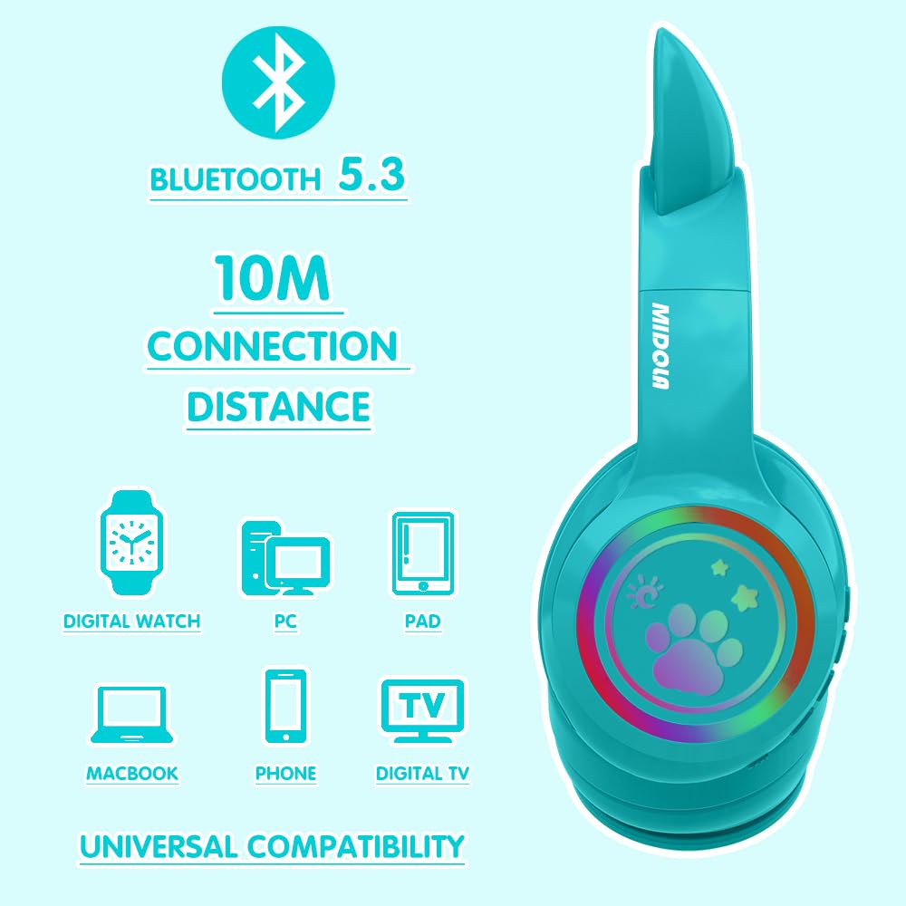 **MIDOLA Cat Ear Wireless Bluetooth Headphones 5.3 with LED Lights - 60H Playtime, Foldable Over-Ear Gaming Headset with Mic for PC, Laptop, Tablet, Phone - Perfect for Gaming, Music & Streaming (Cyan)**