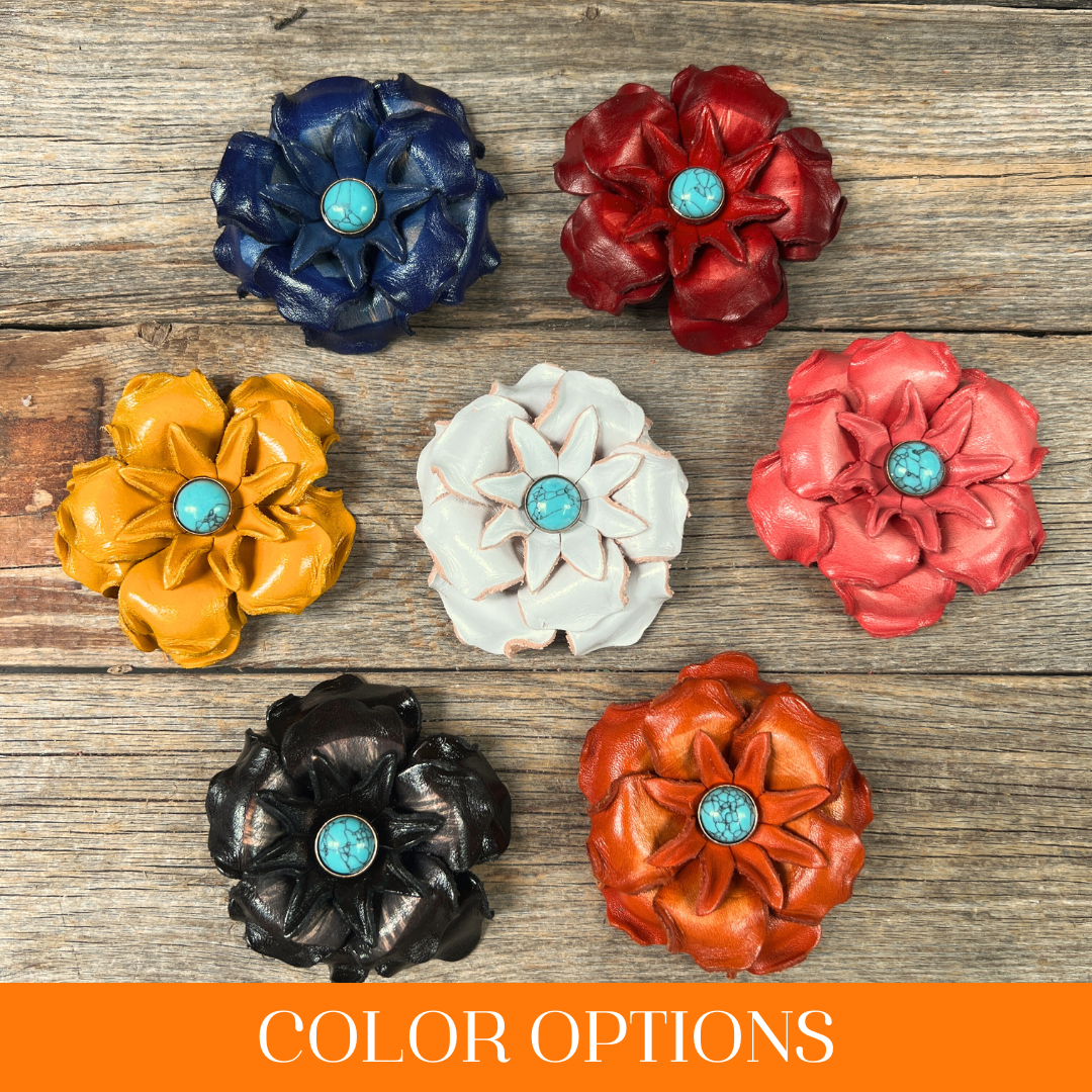 Hand Painted Leather Gardenia Flowers with Round Turquoise Cabochons - Elegant Home Decor, Wedding Bouquets & Bohemian Jewelry Making Supplies
