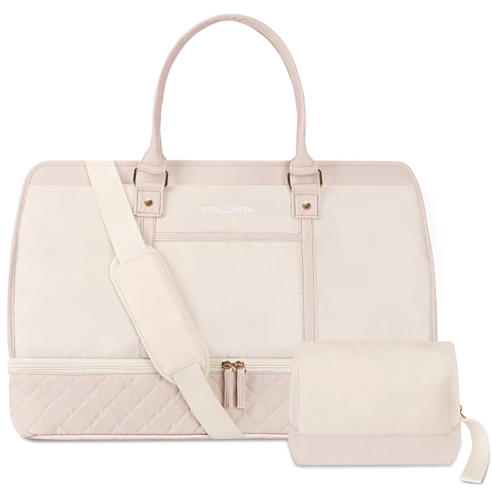 BOLOSTA Large Weekender Bag for Women with Shoe Compartment & Wet Pocket - Spacious Carry-On Overnight Duffle Tote with Toiletry Bag - Perfect for Travel, Gym, Business Trips & Weekend Getaways - Beige
