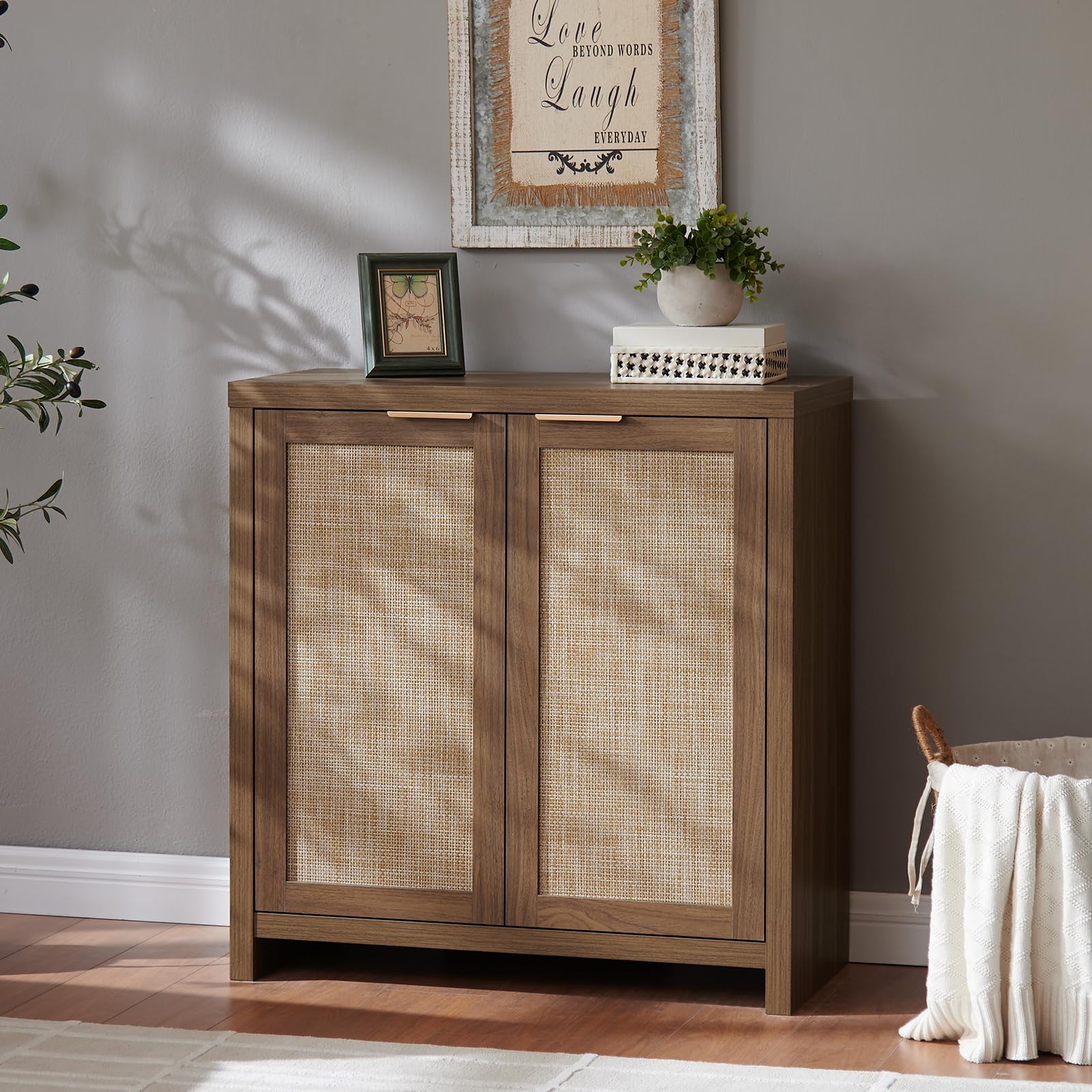 Hampstead Rattan Door Storage Cabinet - Adjustable Shelves Buffet Sideboard for Kitchen & Dining Room - Accent Cupboard Console in Special Walnut Finish | Perfect for Home Organization & Entertaining