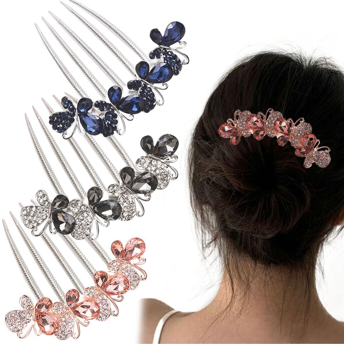 3 PCS Vintage Crystal Butterfly Rhinestone Hair Combs - 5 Teeth Side Combs for Women & Girls, Wedding Bridal Headdress, Party Hair Accessories (Great for Daily Use, Bridal Showers, Prom & Special Occasions)