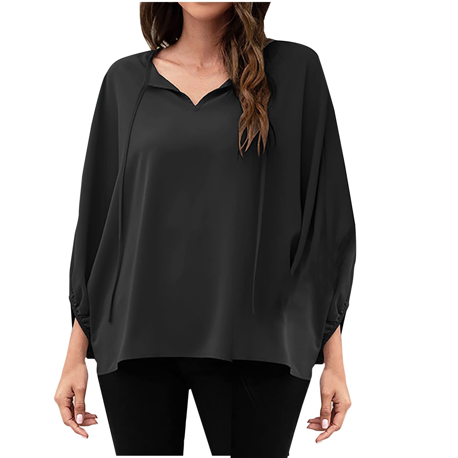 Women's Casual Chiffon Blouse - Summer Long Sleeve Lace-Up V-Neck Shirt - Loose Fit Solid Color Tops for Women - Perfect for Office, Date Night & Summer Outings