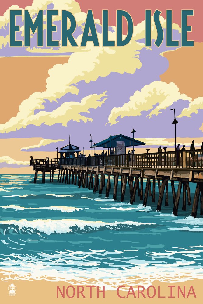Emerald Isle North Carolina Fishing Pier - 12x18 Inch Coastal Wall Art Poster for Beach House Decor, Living Room & Office