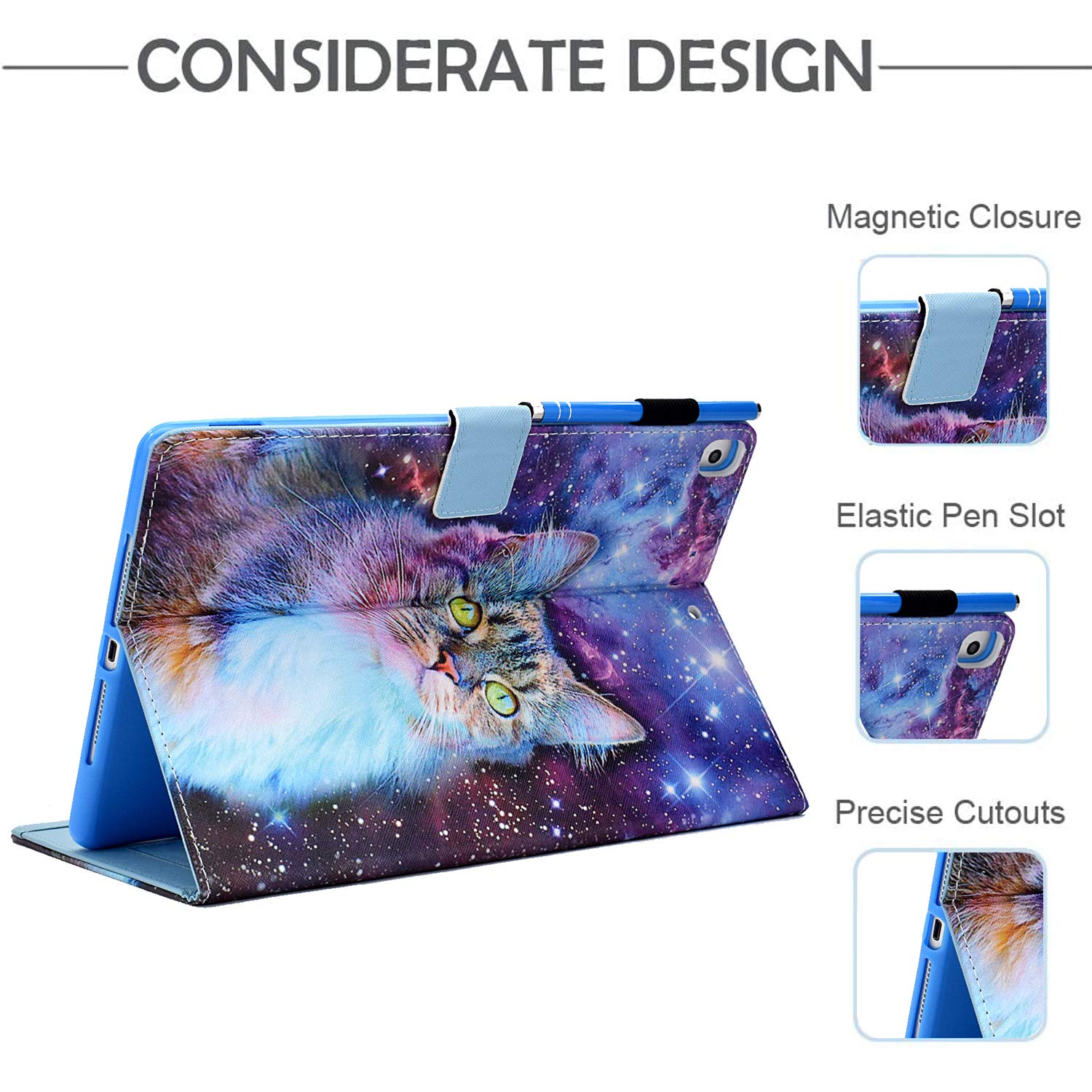 Premium PU Leather Smart Folio Stand Case for iPad 9.7 Inch (iPad 6th/5th Gen 2018/2017, iPad Pro 9.7 & iPad Air 2/1) with Auto Sleep/Wake - Space Cat Design - Perfect for Work, School & Travel