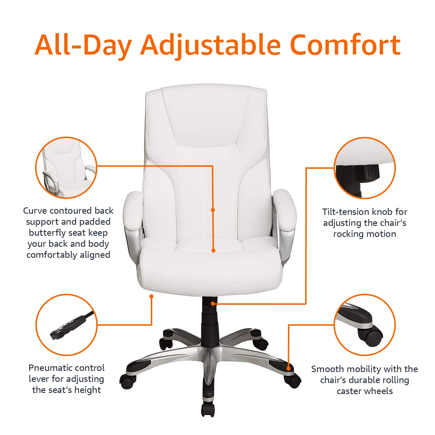 Amazon Basics Executive Home Office Desk Chair - Adjustable Height & Tilt, Padded Armrests, Rolling Swivel Chair - 275 lb Capacity in White & Pewter - Perfect for Remote Work, Gaming & Study Spaces