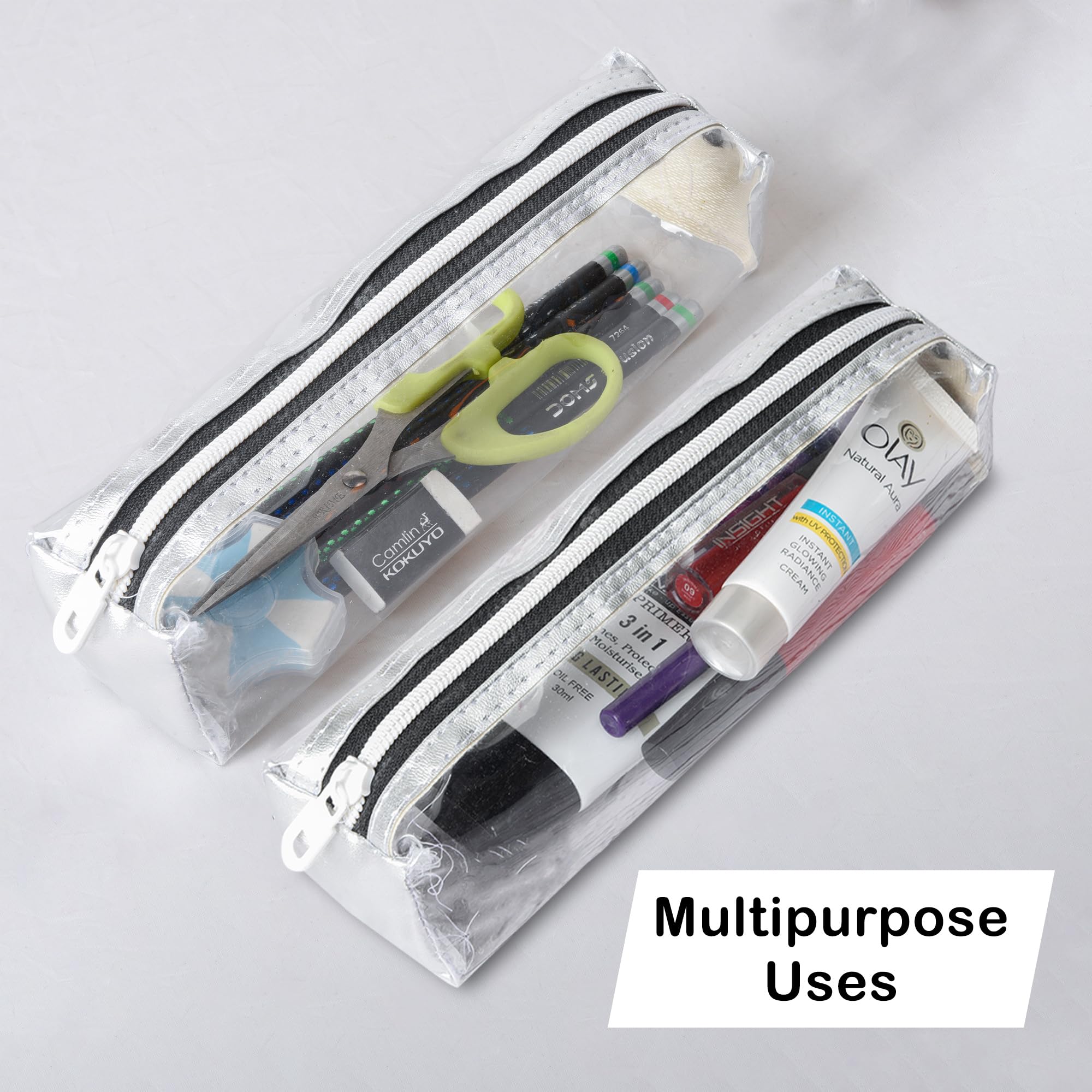 Kuber Industries 3-Pack Clear Travel Storage Pouches | Lightweight Transparent Organizer for Stationery, Makeup & Essentials | Multi-Purpose Waterproof Pouch for Travel, Office, Gym & Daily Use | Silver