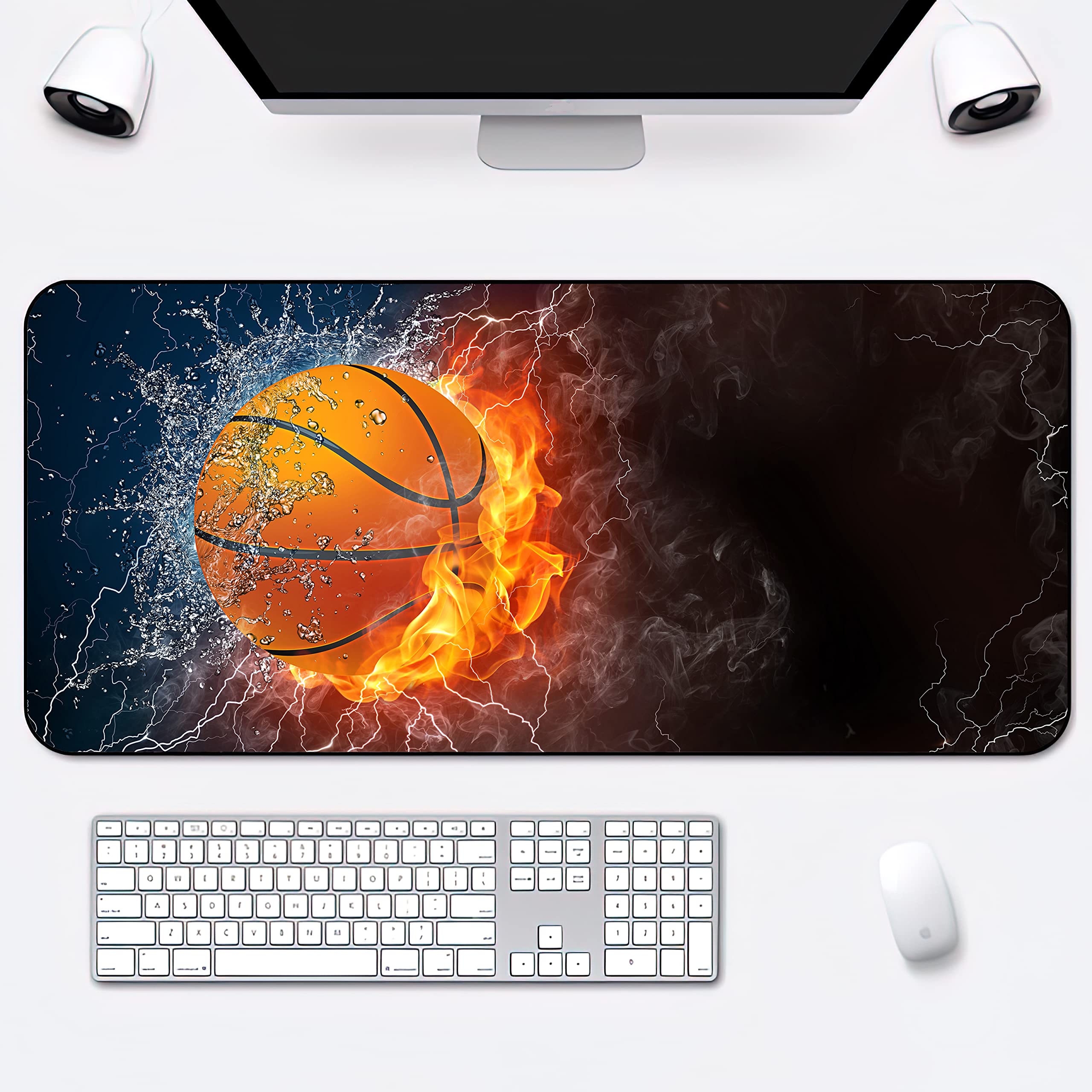 XXL Gaming Mouse Pad 35''×15.7'' - Basketball Fire & Water Design Non-Slip Desk Mat for Office, Computer & Keyboard - Stitched Edges Ergonomic Mousepad - Perfect for Gaming, Work & Home Office Setup