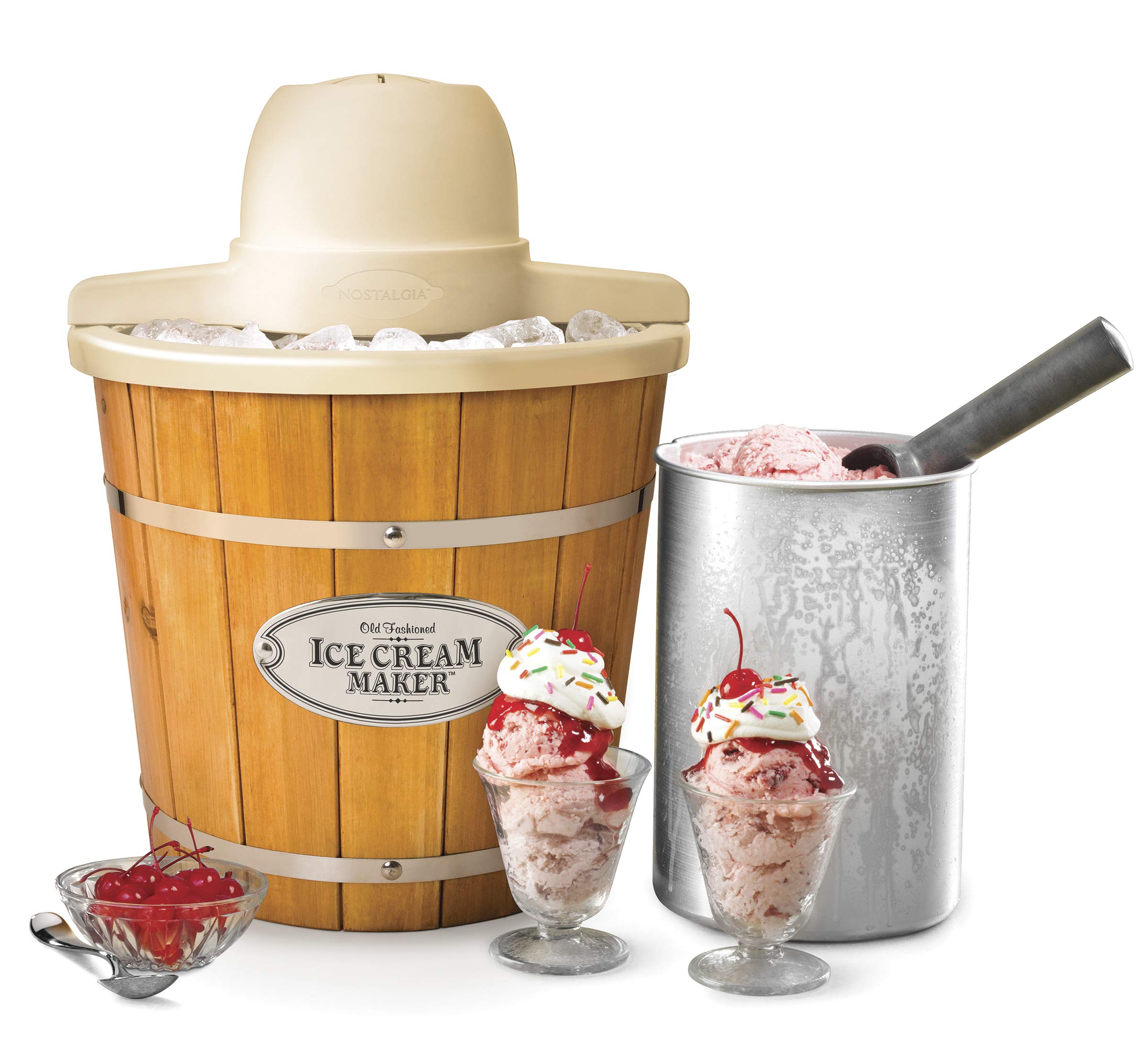 Nostalgia ICMP4WD 4-Quart Electric Wood Bucket Ice Cream Maker - Homemade Frozen Dessert Machine for Parties, Family Gatherings & Summer Treats