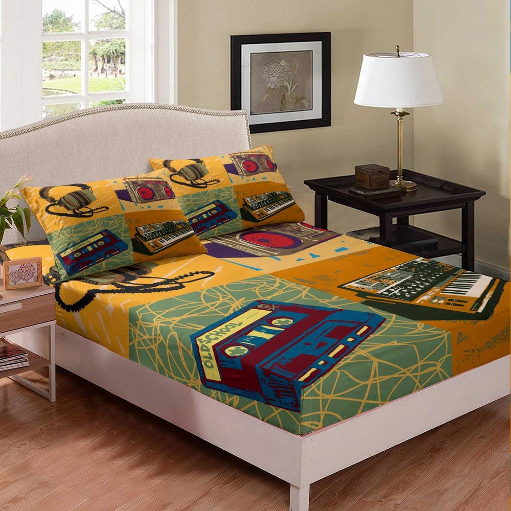 Vintage Music Instrument Pattern Twin Size Microfiber Bed Sheet Set - 2 Pieces (1 Fitted Sheet & 1 Pillowcase) with Dark Base for Kids Room, Dorm, or Music Lover's Bedroom - Perfect for Themed Decor, Gift Ideas, and Comfortable Sleep