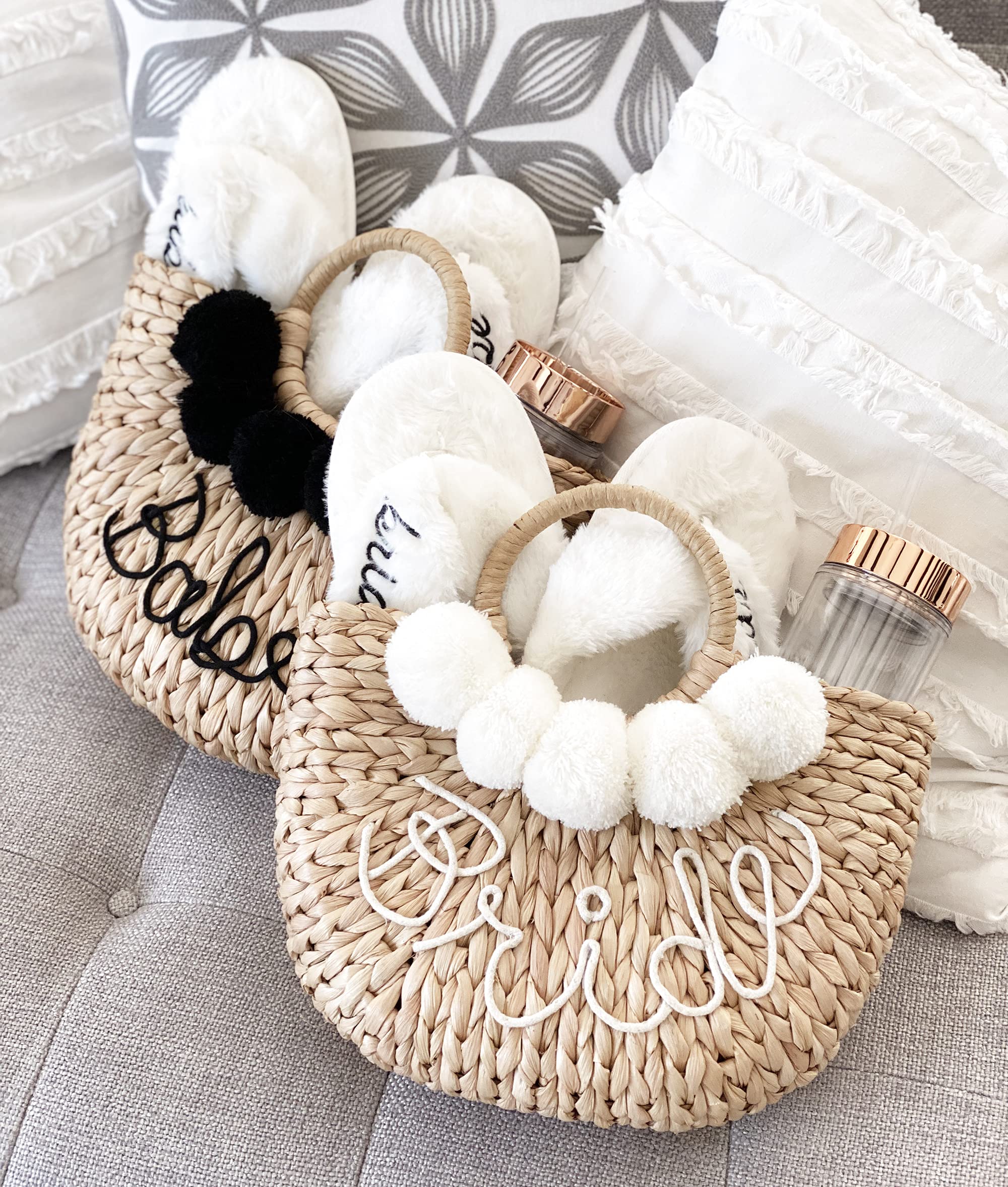ModParty Handmade Straw Purse for Bride | Elegant Wedding & Honeymoon Accessory | Summer Beach Tote Bag with Pom Poms | Perfect Bridal Shower Gift & Bachelorette Party Essential | Ideal for Beach Weddings, Honeymoon Travel & Summer Outfits