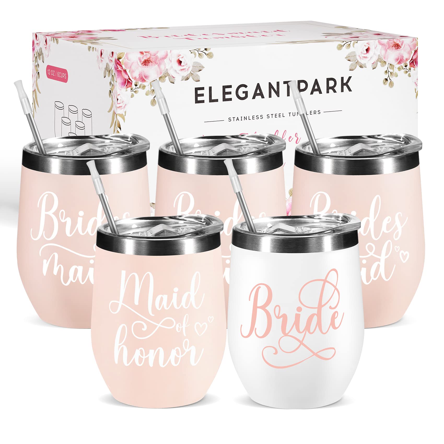 ELEGANTPARK 5-Piece Bridesmaid Proposal Gift Set - Insulated Wine Tumblers with Lids for Wedding, Bachelorette Party & Bridal Shower - Perfect for Bride, Maid of Honor & Bridesmaids - Ideal for Celebrations, Rehearsal Dinners & Girls' Night Out