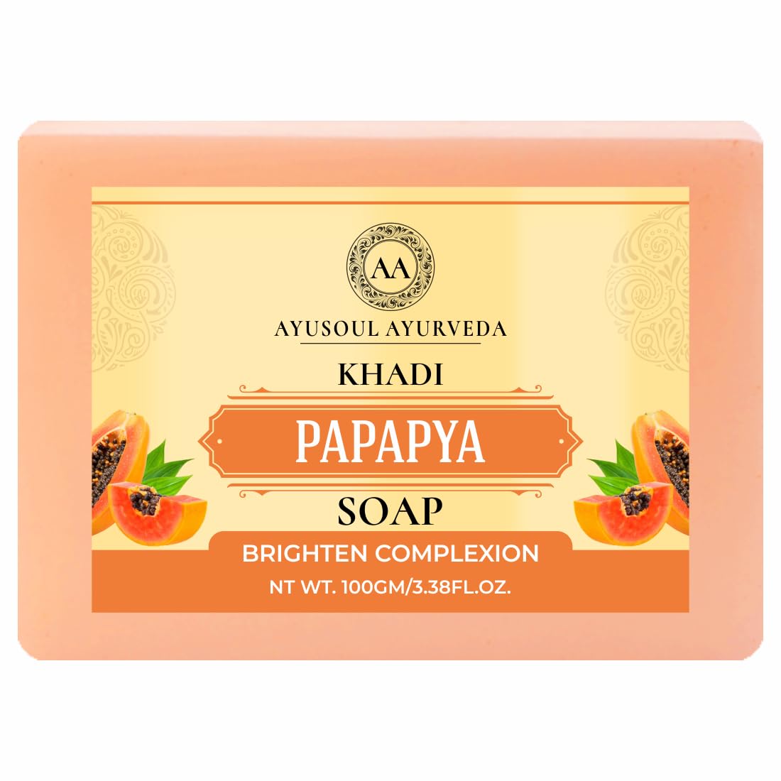 Ayusoul Ayurveda Khadi Herbal Natural Papaya Bath Soap - 100% Organic for Soothing & Glowing Skin - Pack of 1 - Perfect for Dry Skin Care & Relaxing Bath Time