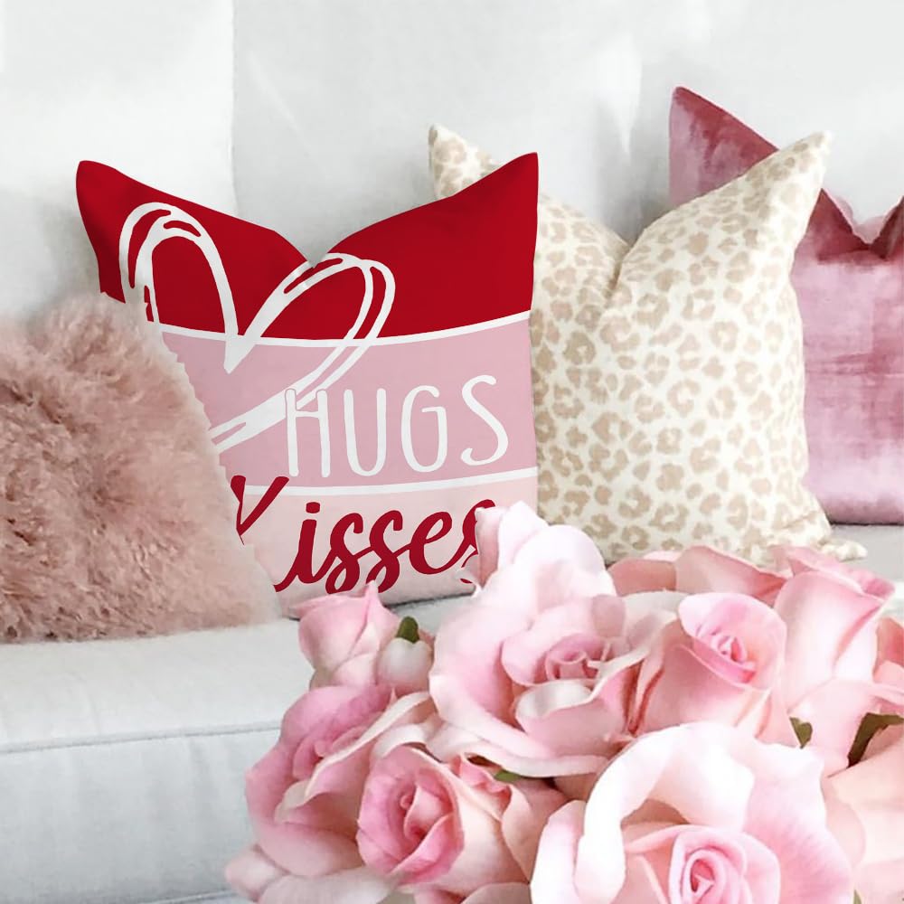 Valentine's Day Throw Pillow Covers 18x18 Inch Set of 4 - Red Heart XOXO Striped Farmhouse Decorative Cushion Cases for Home, Wedding & Couples Gift | Perfect for Sofa, Bedroom Decor & Romantic Gifts