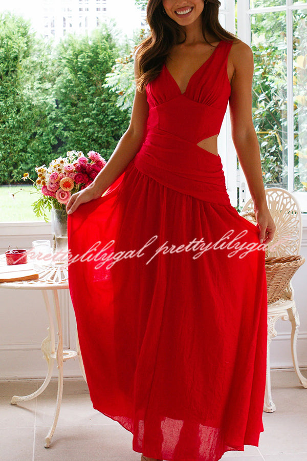 Elegant Solid Color V-Neck Waist Hollow Slim Maxi Dress for Women - Perfect for Summer Beach, Party & Evening Occasions