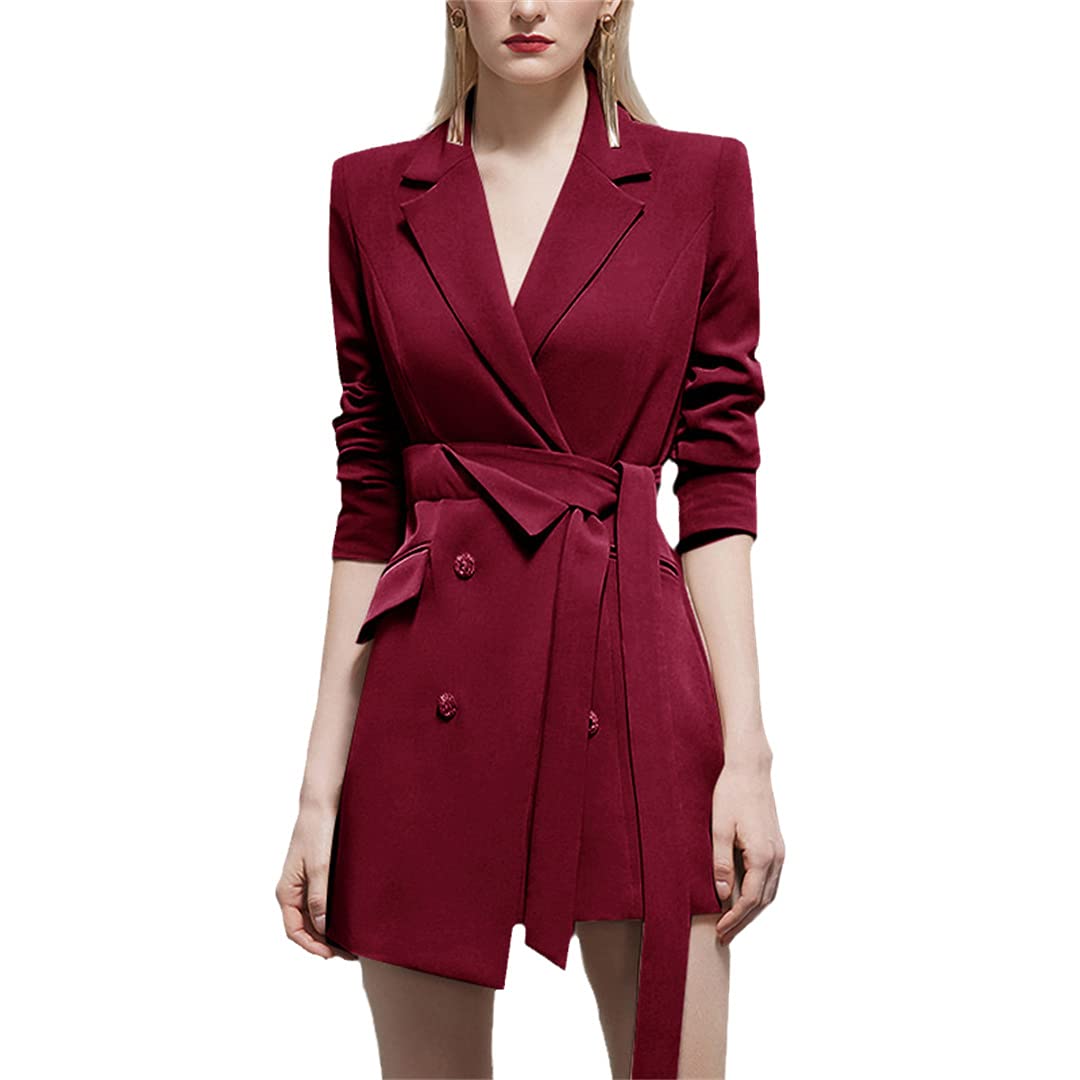 Stylish Women's Double Breasted Long Sleeve Blazer Dress with Slim Belt & Buttons - Office Wear, Business Casual, Work Attire for Professional Women - Perfect for Meetings, Presentations & Office Parties